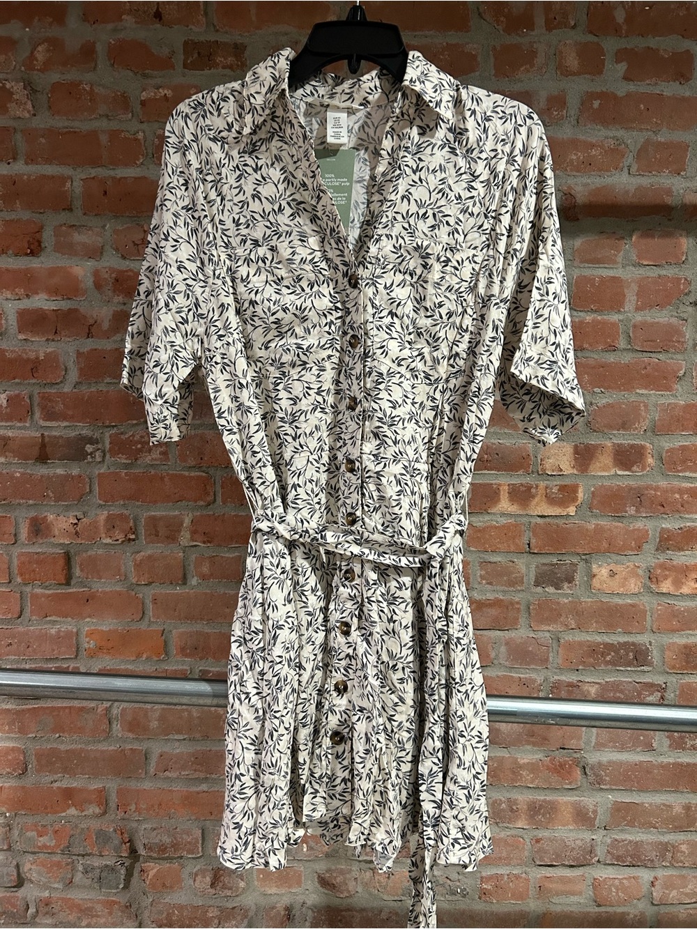 H&M Cream Midi Shirt Dress with Navy Leaf Print